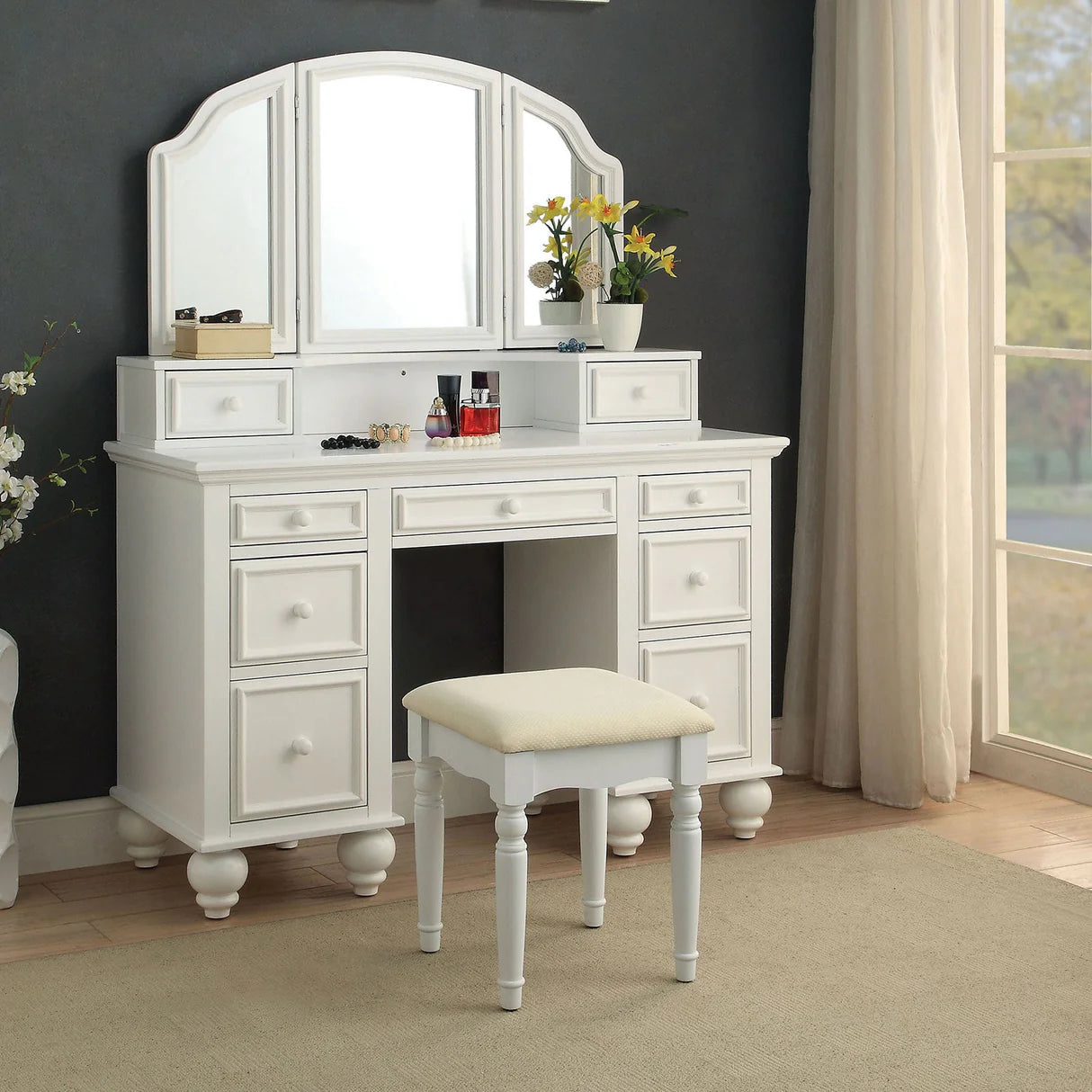 Athy White Vanity W/ Stool