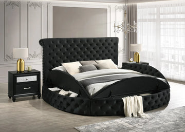 Cama tapizada Brigitte King con paneles de almacenamiento